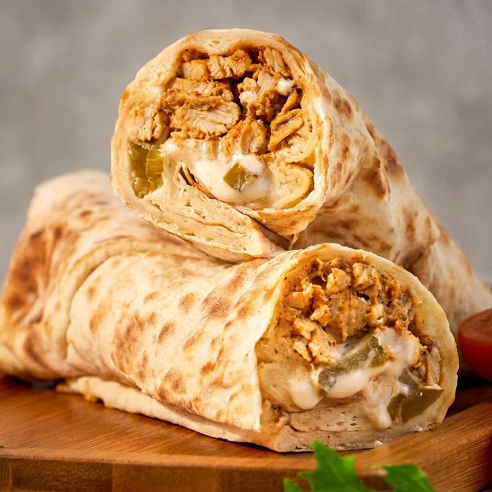 Two chicken shawarma wraps, one cut open, revealing chicken, pickles, and sauce on a wooden board.