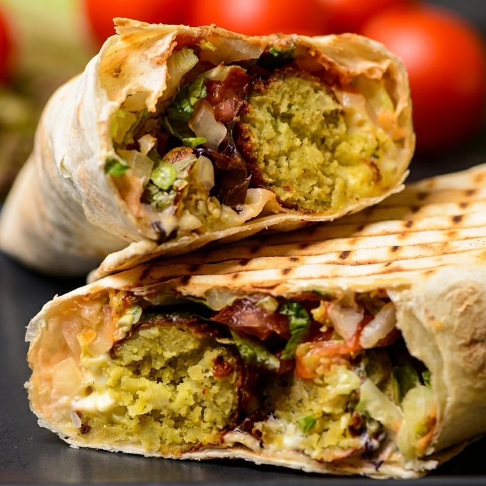Two falafel wraps, one cut in half, revealing green falafel, lettuce, and sauce.