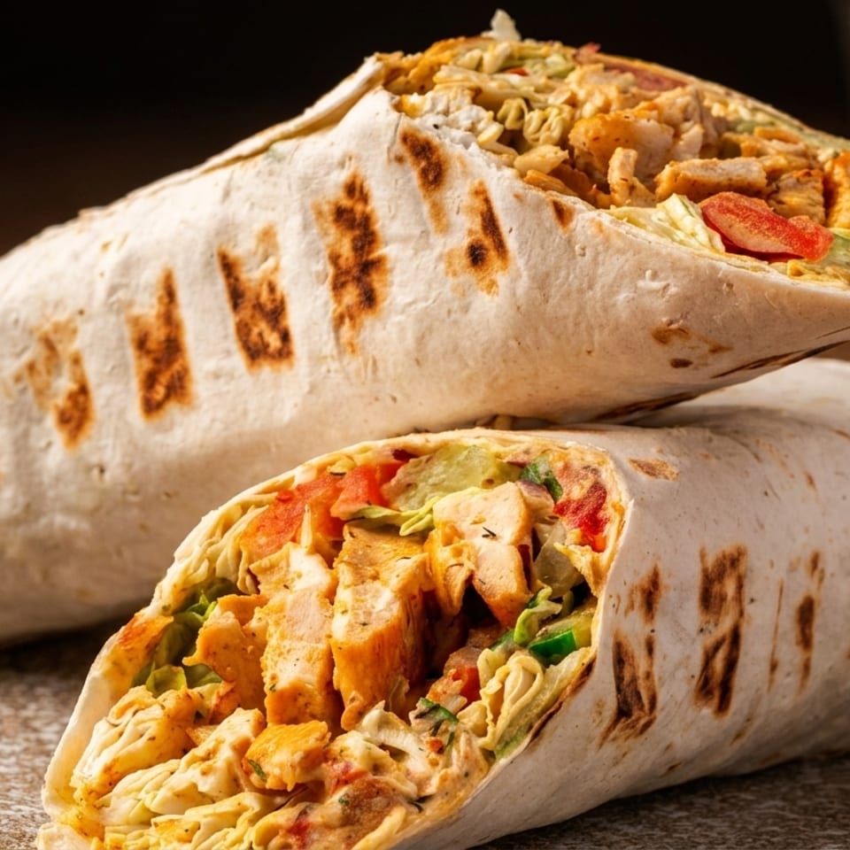 Two grilled chicken wraps filled with lettuce and tomatoes, stacked on a rustic plate.