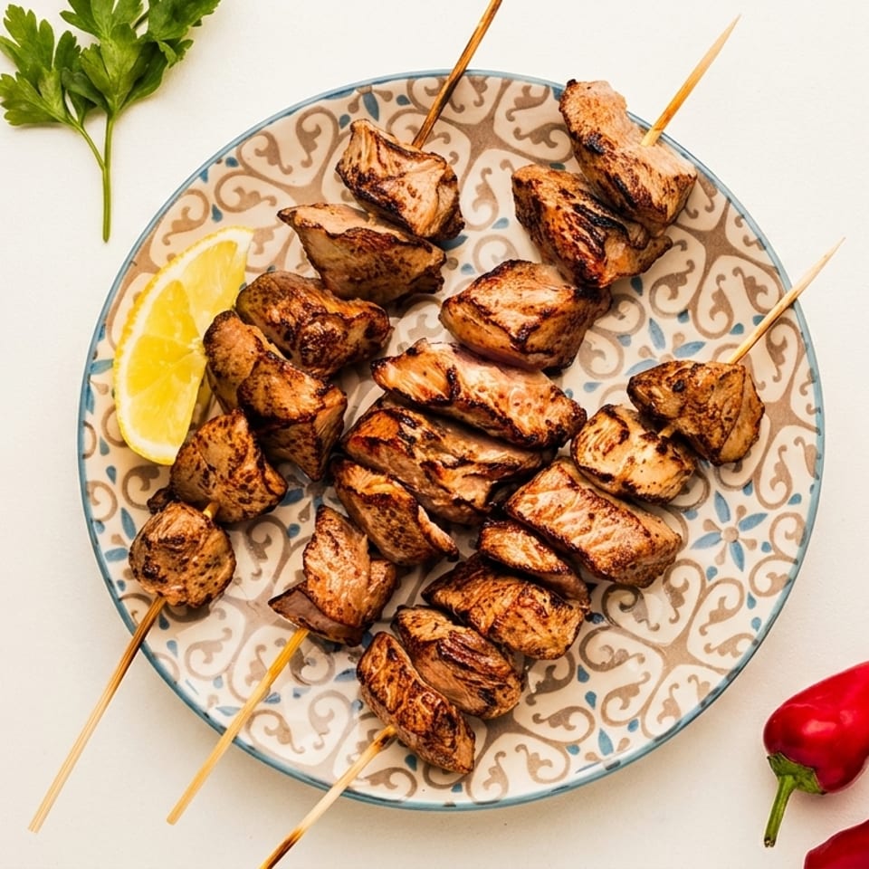 Grilled meat skewers on a patterned plate with a lemon wedge, parsley, and red peppers.