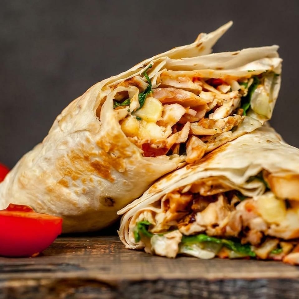 Two chicken shawarmas with potatoes and greens, alongside tomatoes and a red chili on wood.