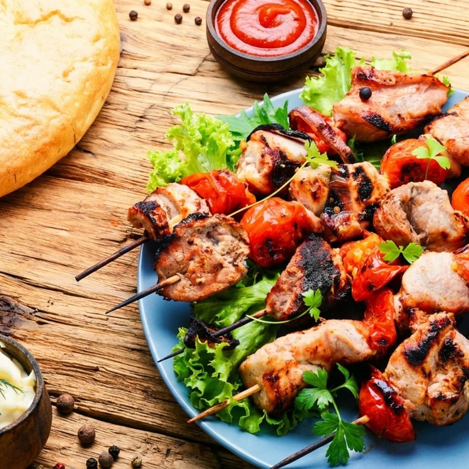 Grilled meat and tomato skewers on a blue plate with lettuce, bread, ketchup, and mayonnaise.