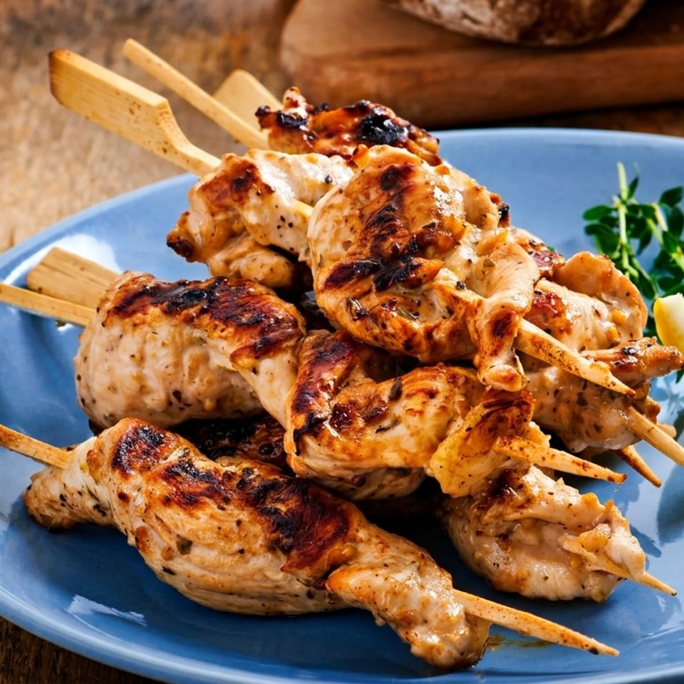Grilled chicken skewers on a blue plate with lemon wedges and fresh herbs on a wooden table.