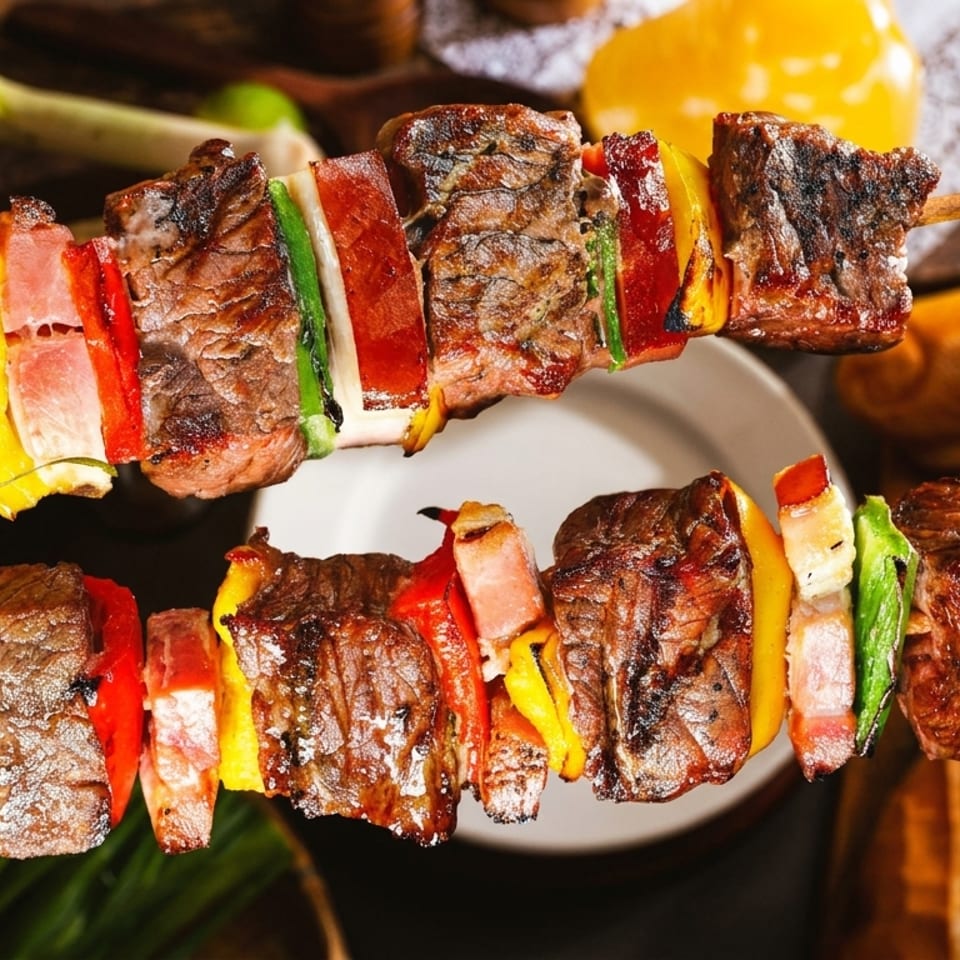 Two grilled skewers of meat, colorful bell peppers, and bacon, served with bread.