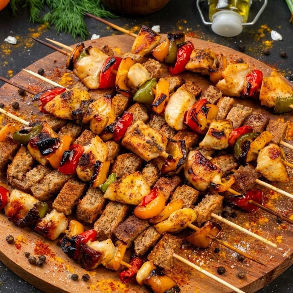 Appetizing chicken and bell pepper skewers served on a wooden platter with croutons and spices.