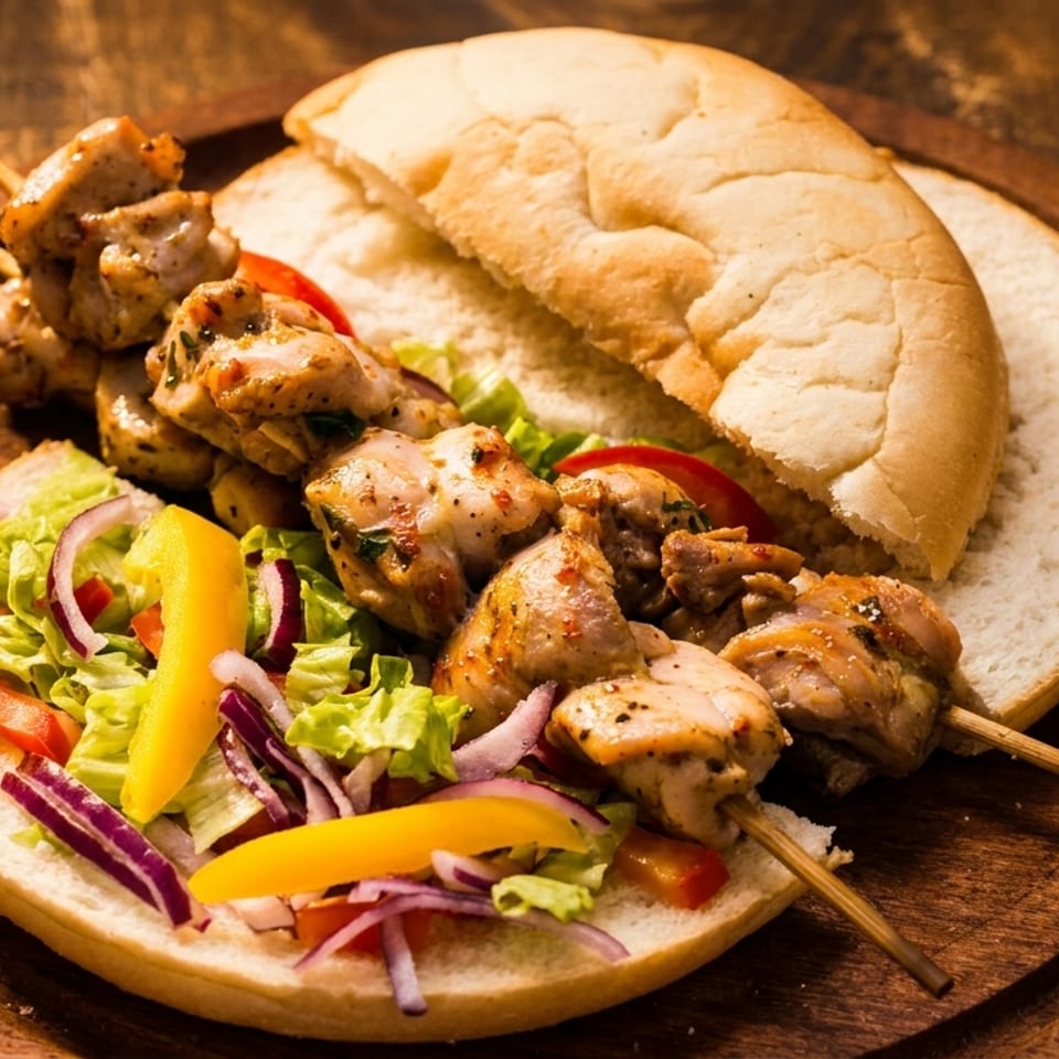 Juicy chicken skewers, fresh salad, and warm pita bread on a rustic wooden serving board.