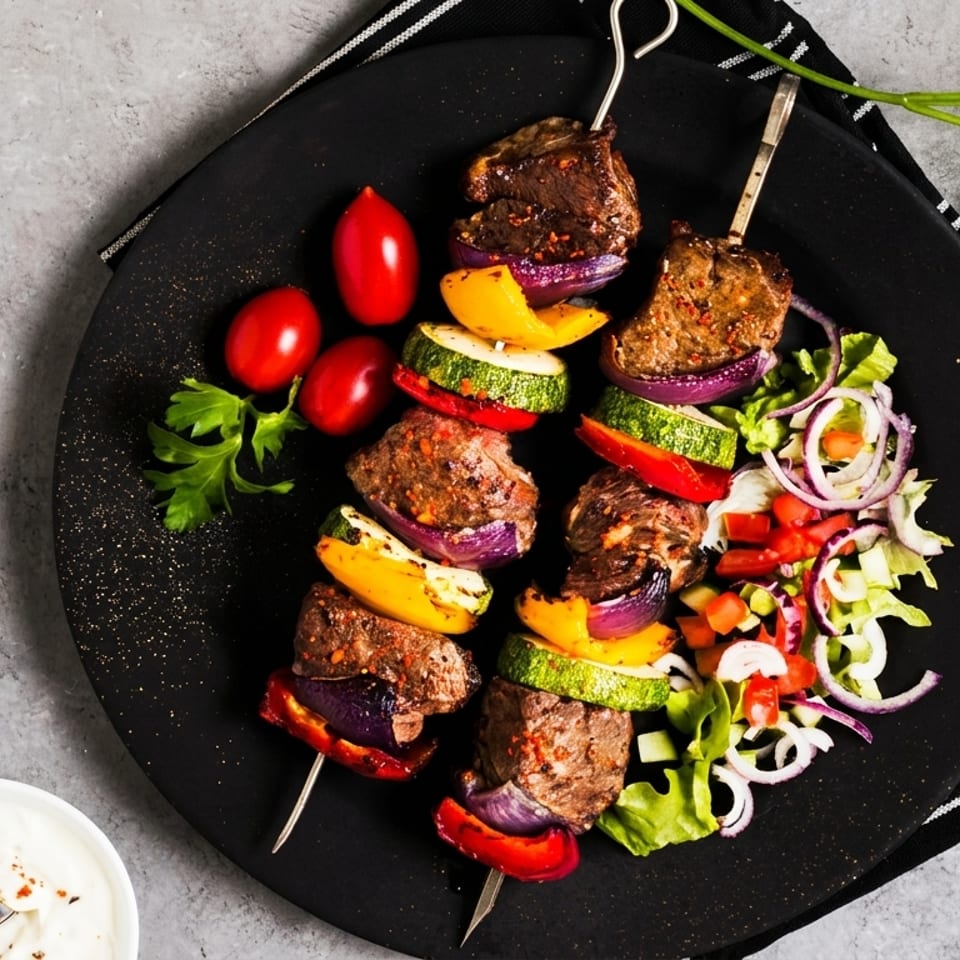 Grilled beef and vegetable skewers with a fresh side salad and dipping sauces.